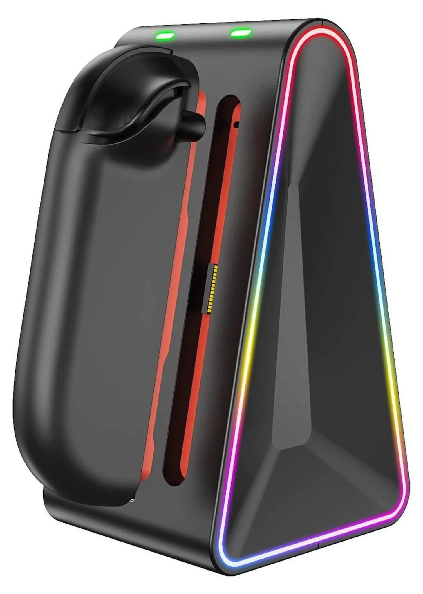 Ein schwarzer Controller-Länderständer mit bunter RGB-Beleuchtung und grünen LED-Leuchten.