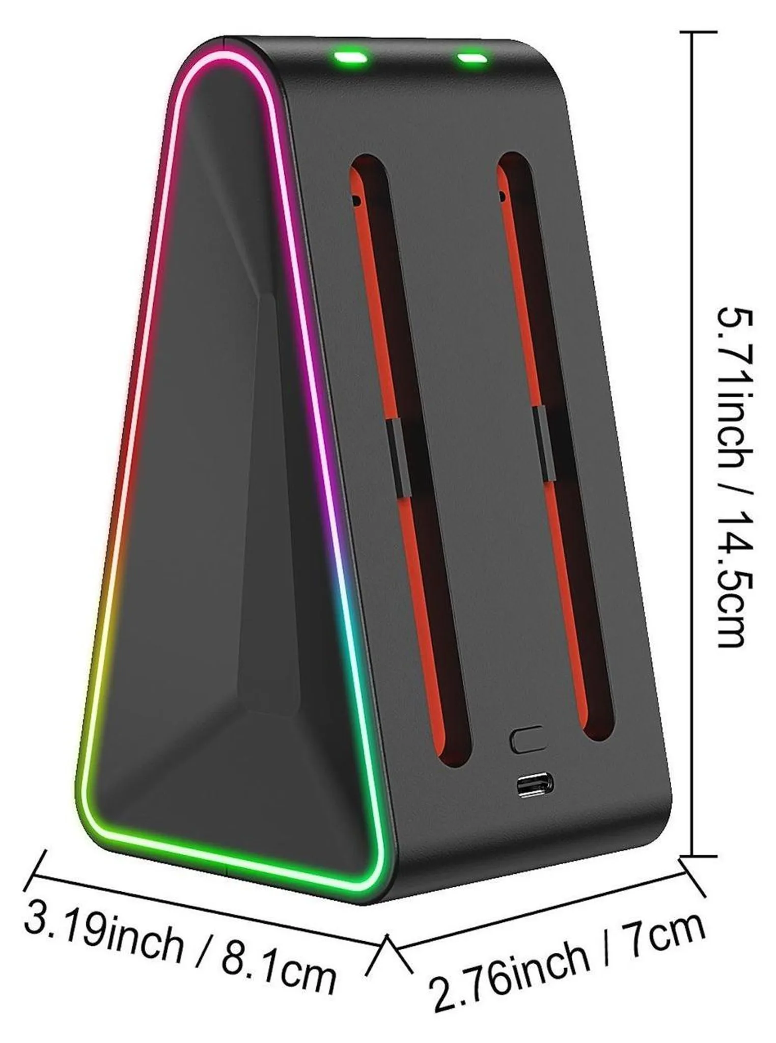Schwarze Controller-Ladestation mit RGB-Beleuchtung und Maßangaben.