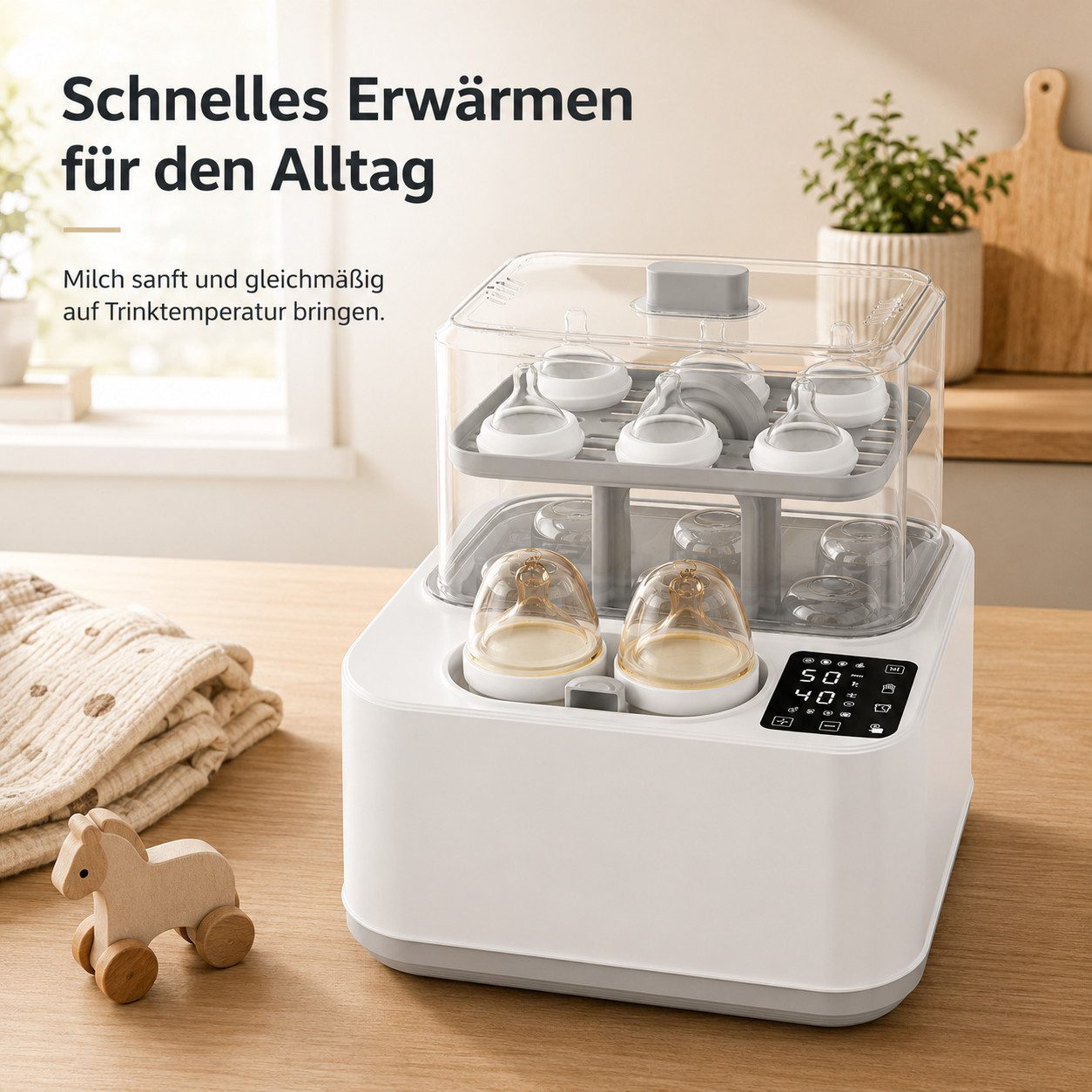 Weißer Babyflaschenwärmer und Sterilisator mit digitalen Bedienelementen und Flaschen auf einem Holztisch.