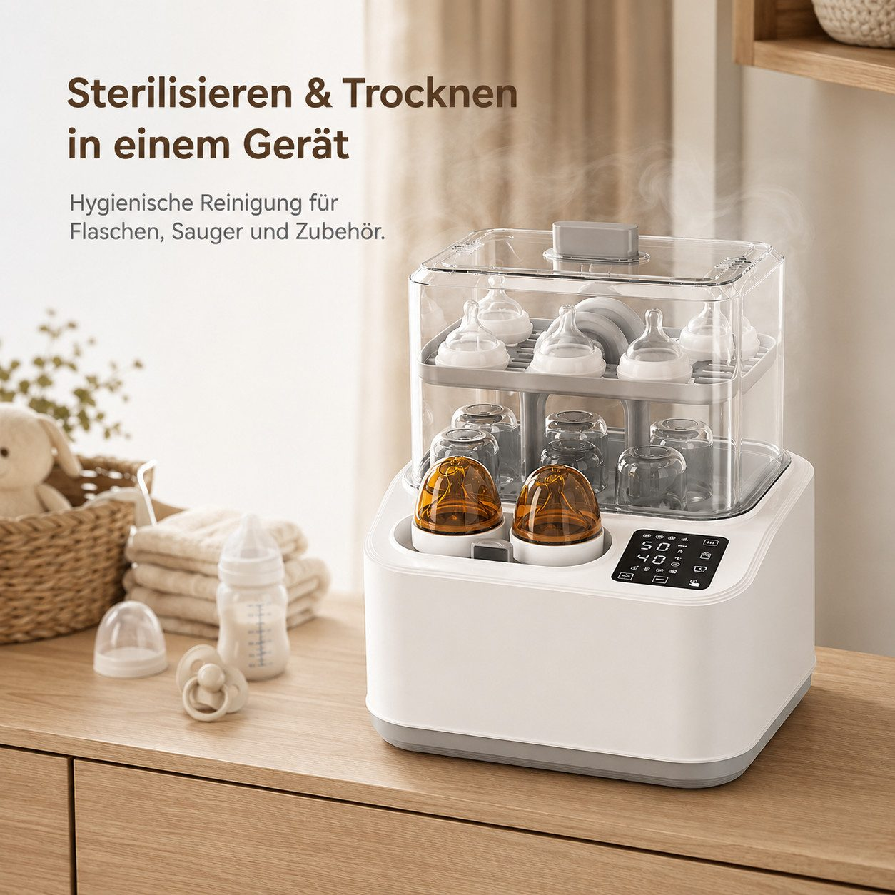 Ein weißer Babyflaschen-Sterilisator mit Dampf steht auf einem Holztisch, befüllt mit Flaschen und Zubehör.