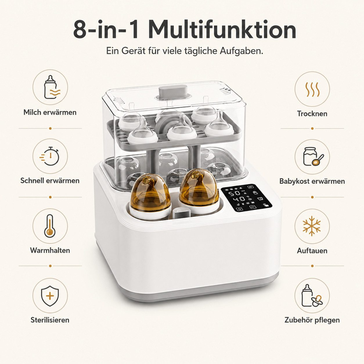 Ein weißer 8-in-1-Babyflaschenwärmer und Sterilisator mit digitalem Display und verschiedenen Babyflaschen.