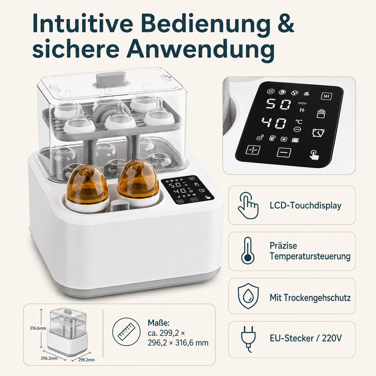 Weißer Babyflaschenwärmer und Sterilisator mit Touch-Display, zwei Flaschen und transparentem Deckel.