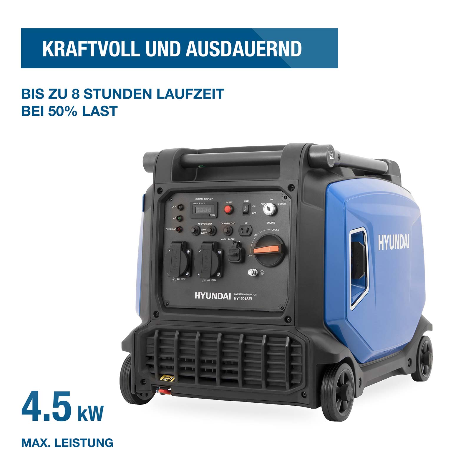 Ein blauer und schwarzer Hyundai Inverter-Generator mit Rädern und deutscher Werbetext.