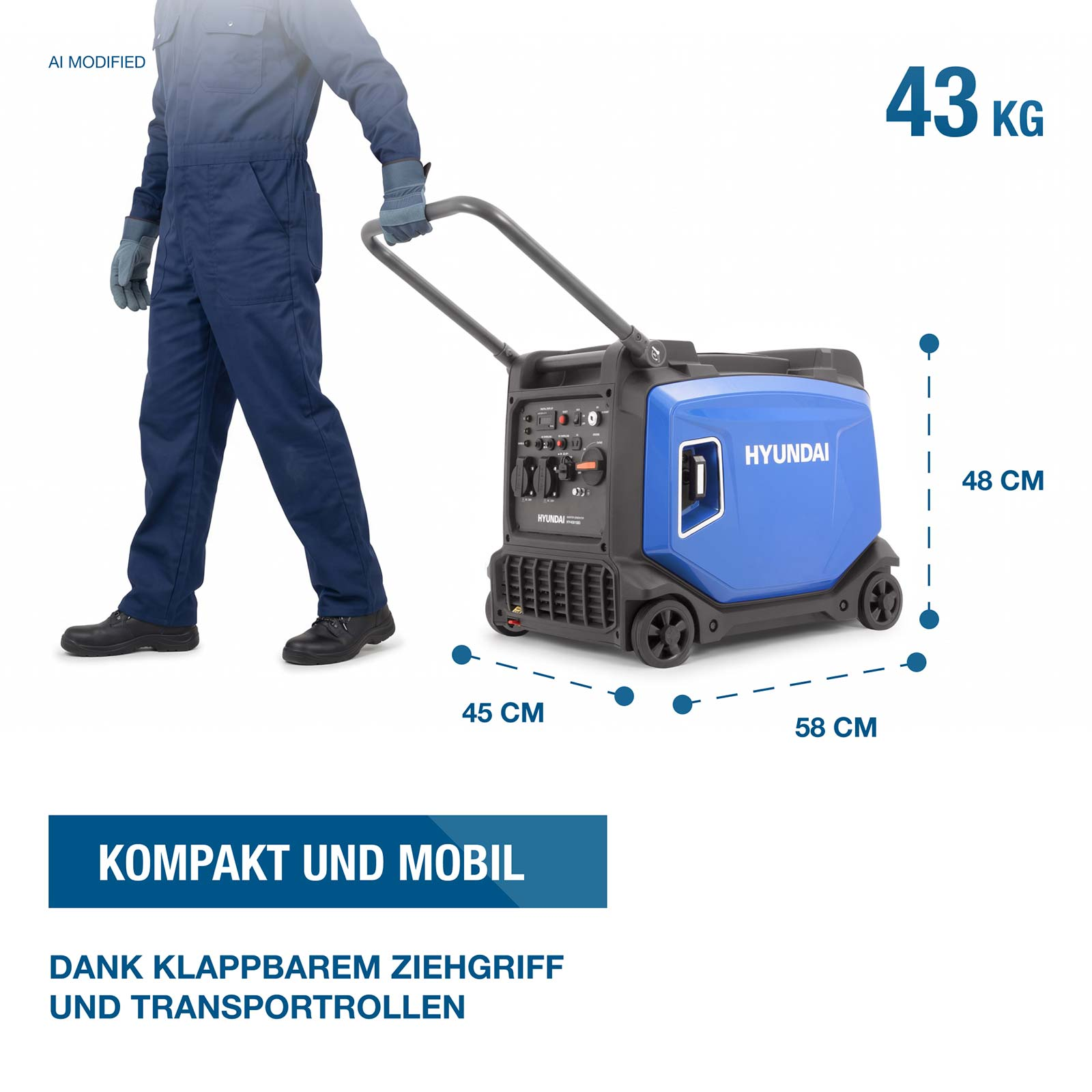 Person in blauem Overall zieht einen blauen Hyundai Stromerzeuger mit Rädern, Maße und Gewicht sind angegeben.