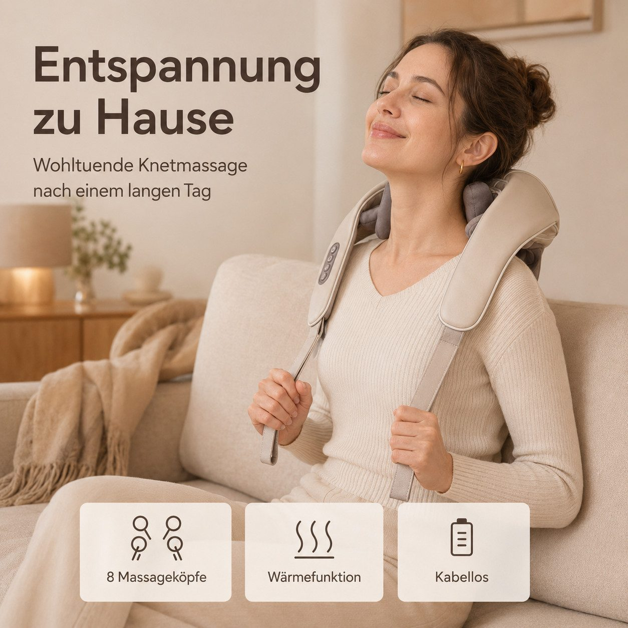 Eine lächelnde Frau nutzt ein Nackenmassagegerät auf einem Sofa, mit deutschem Text und Symbolen.