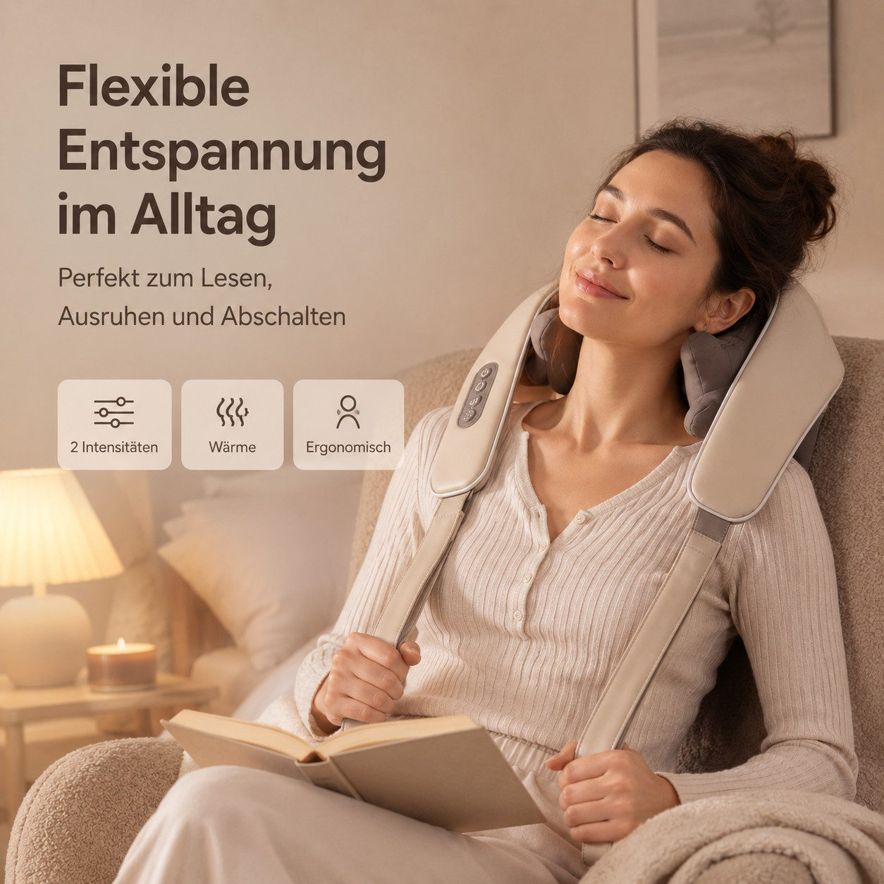 Eine Frau liest entspannt in einem Sessel und nutzt ein Nackenmassagegerät.