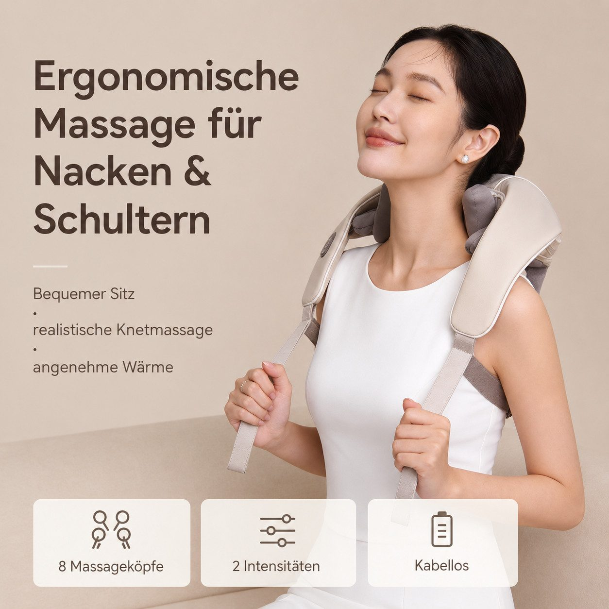 Eine Frau nutzt entspannt ein beiges Nacken- und Schultermassagegerät, mit Text und Symbolen auf weißem Hintergrund.