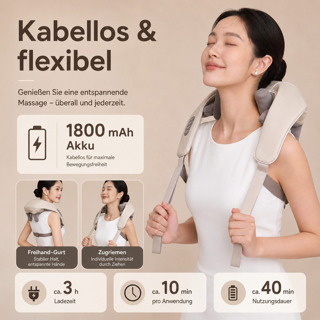 Eine Frau nutzt ein beiges Nackenmassagegerät mit Akku, Infografiken zeigen Details.