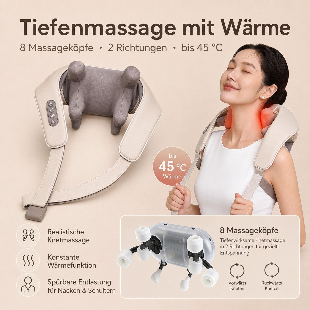 Eine Frau nutzt ein beiges Nackenmassagegerät mit Wärmefunktion.
