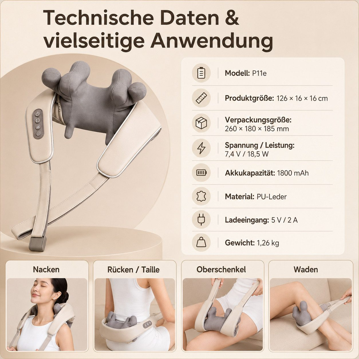 Technische Daten und Anwendungsbeispiele eines grauen Nackenmassagegeräts mit technischen Spezifikationen.