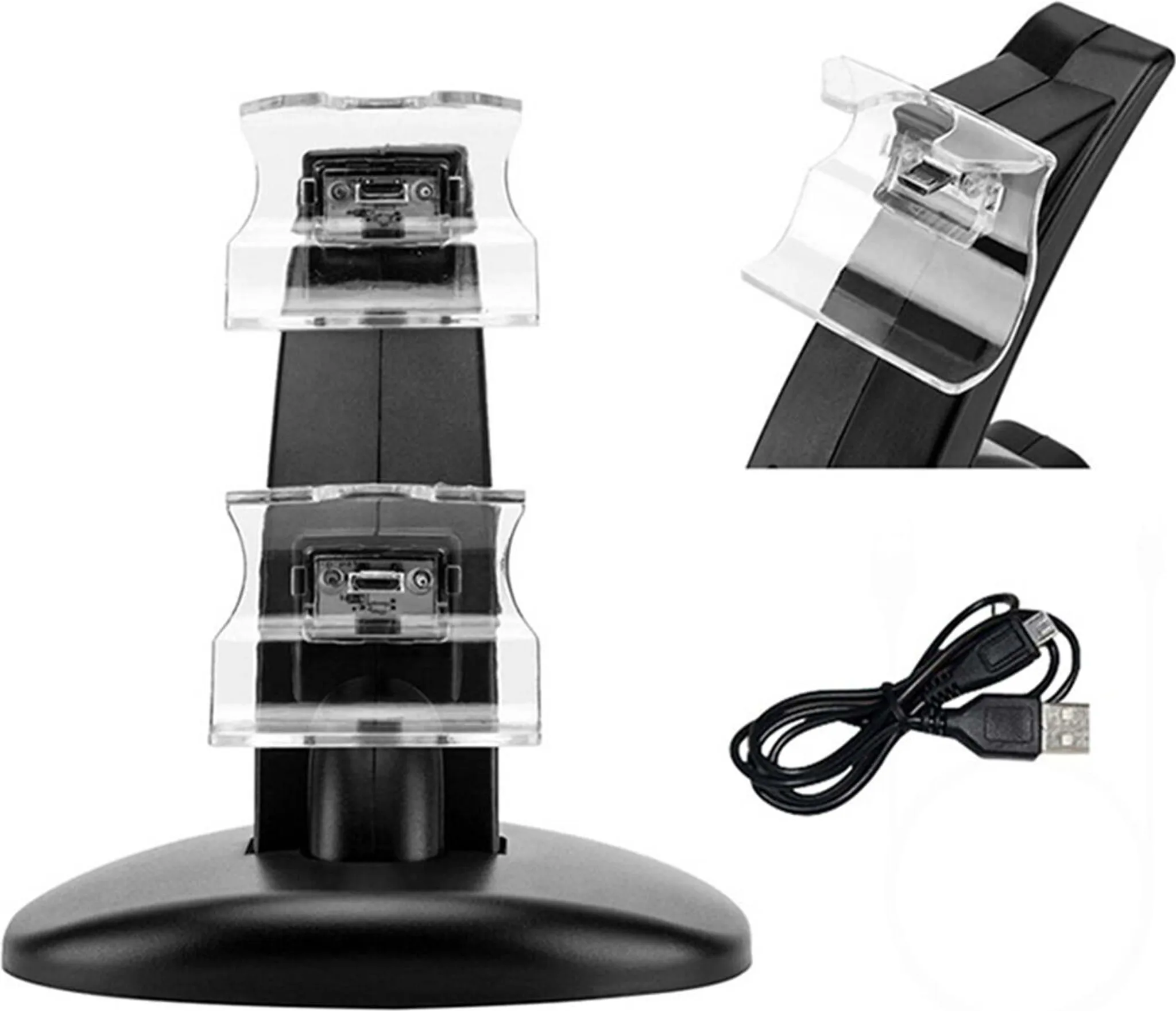 Schwarzer Dual-Controller-Ladeständer mit klaren Halterungen und USB-Kabel auf weißem Hintergrund.