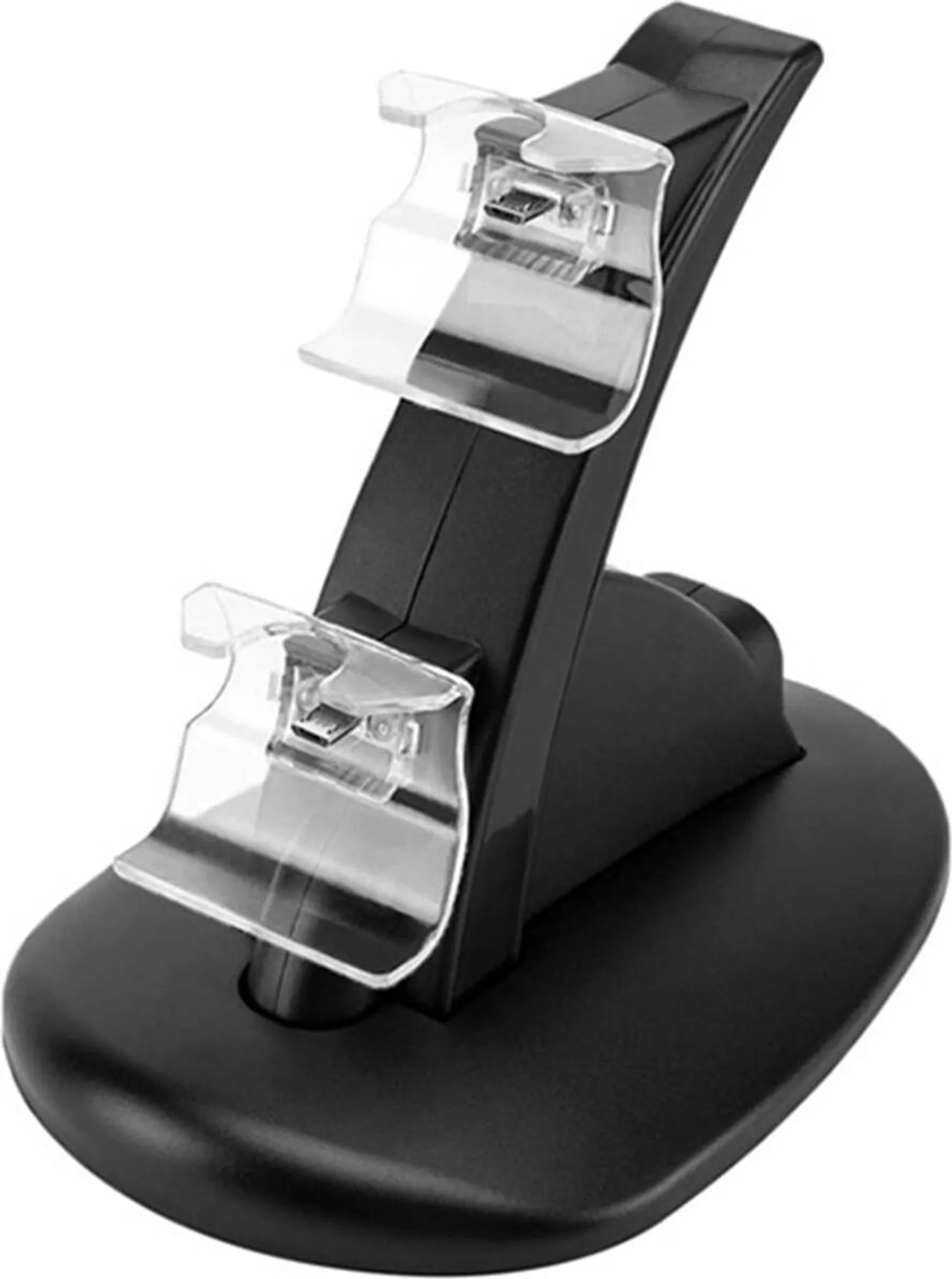 Ein schwarzer Dual-Controller-Ladeständer mit zwei transparenten Halterungen auf einer ovalen Basis vor weißem Hintergrund.
