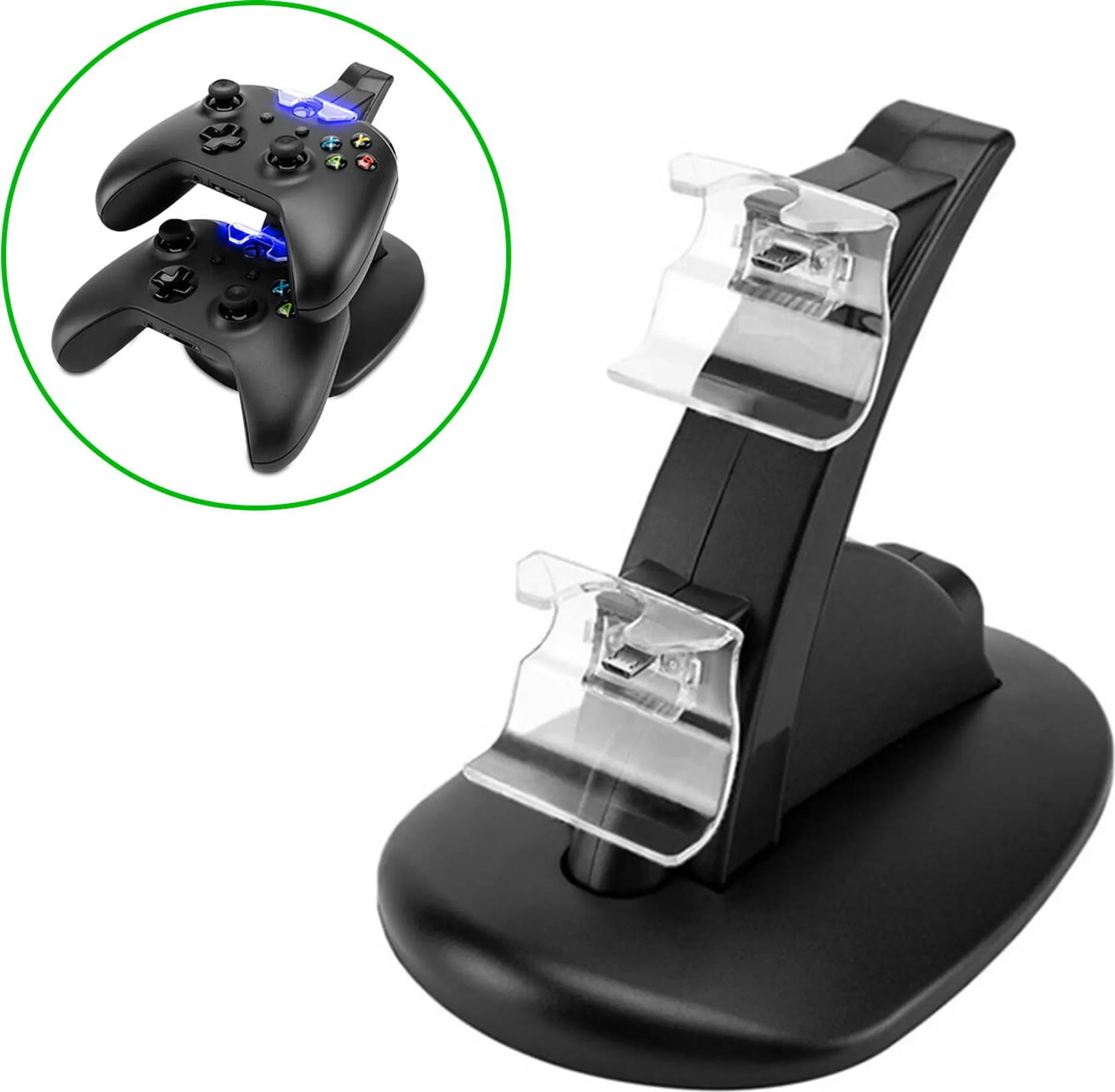 Schwarze Controller-Ladestation mit zwei Steckplätzen, links mit zwei Controllern gezeigt.