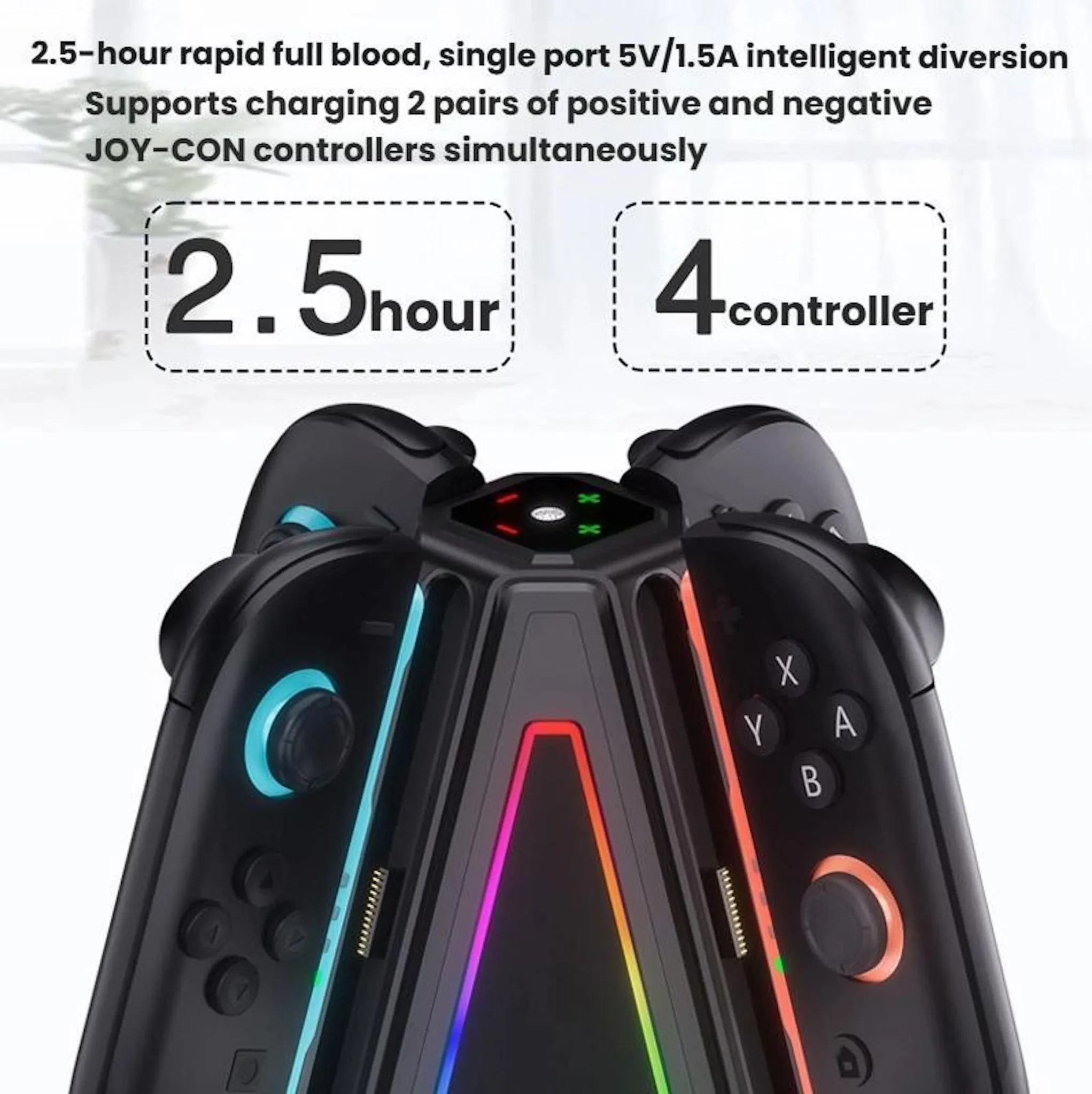 Schwarze Ladestation für bis zu vier Joy-Con-Controller mit leuchtenden Akzenten.