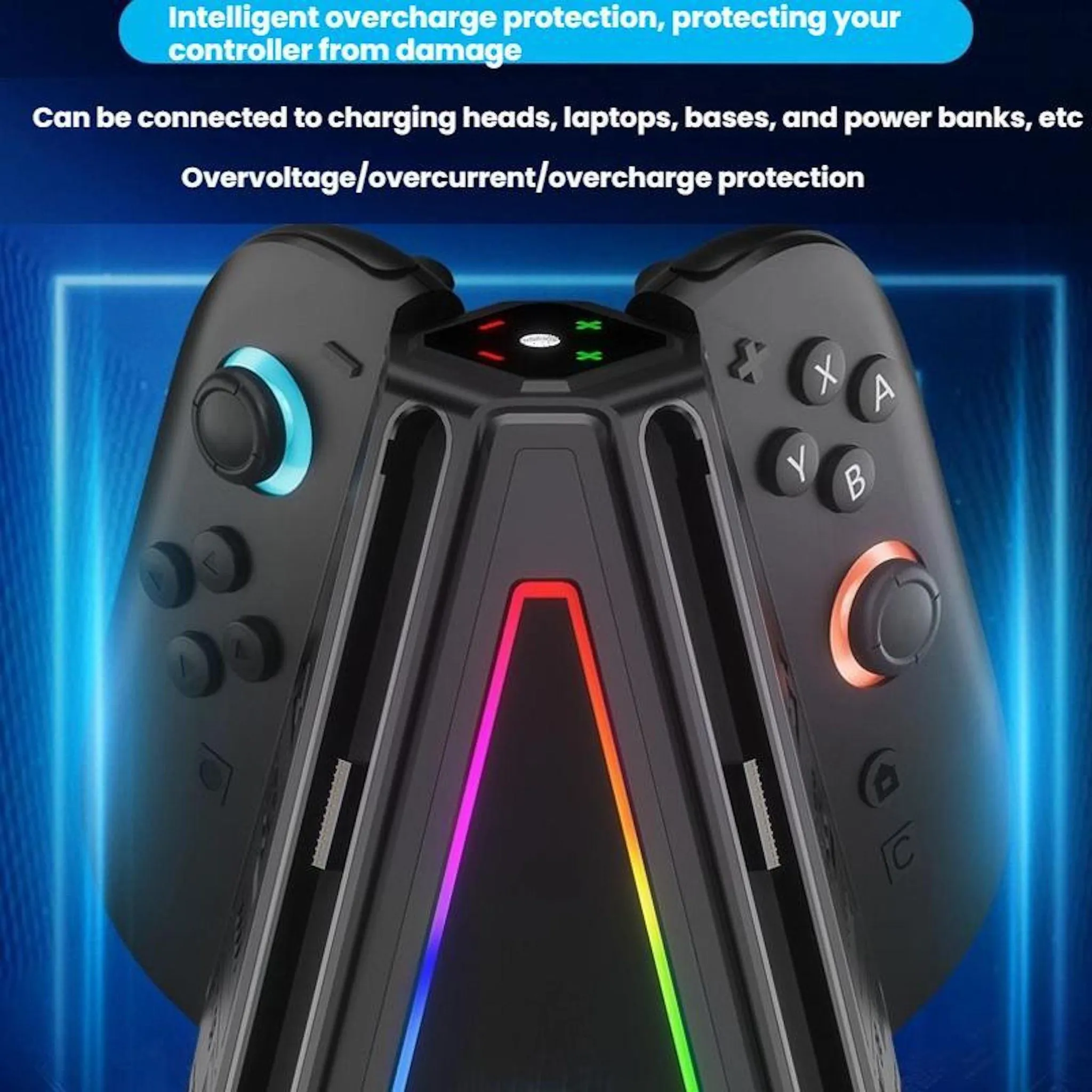 Eine schwarze Controller-Ladestation mit bunten LED-Lichtern und Sicherheitsfunktionen vor blauem Hintergrund.