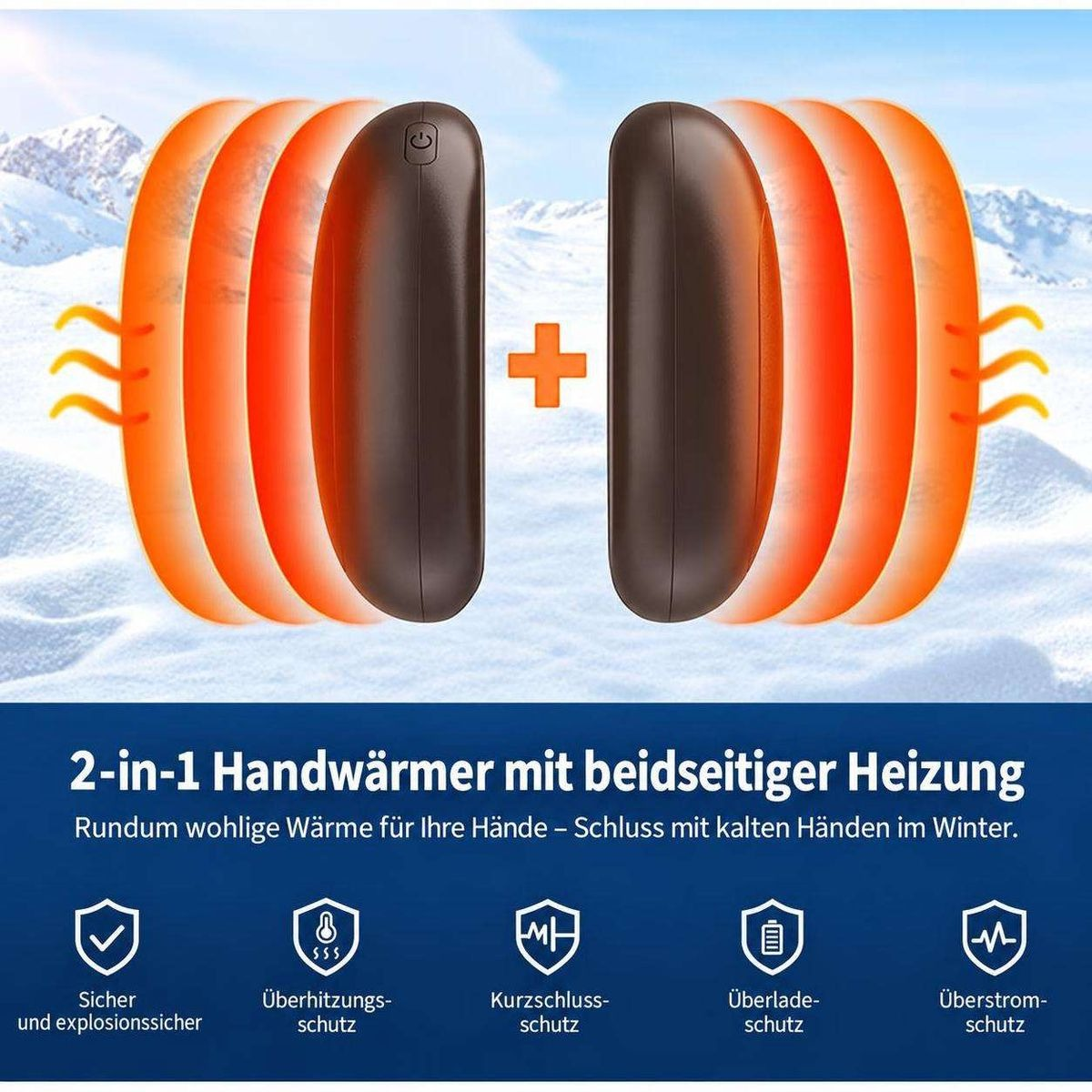 Zwei braune Handwärmer mit orangefarbenen Wärmewellen vor einer verschneiten Bergkulisse.