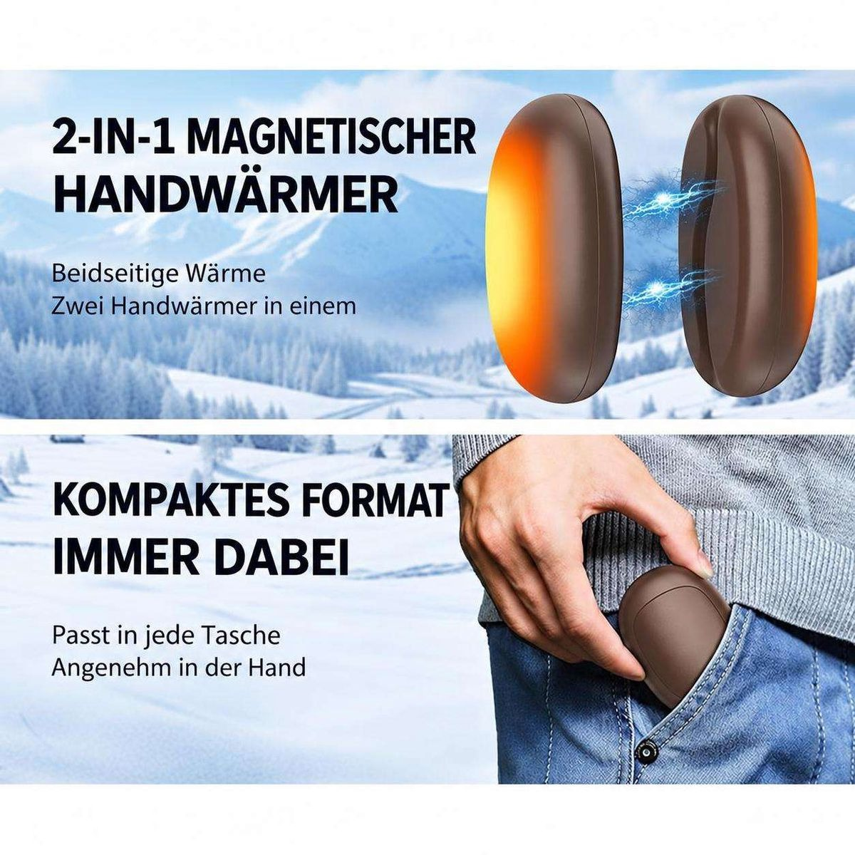 Zweiteiliger magnetischer Handwärmer in Holzoptik vor verschneiter Berglandschaft und in einer Hosentasche.
