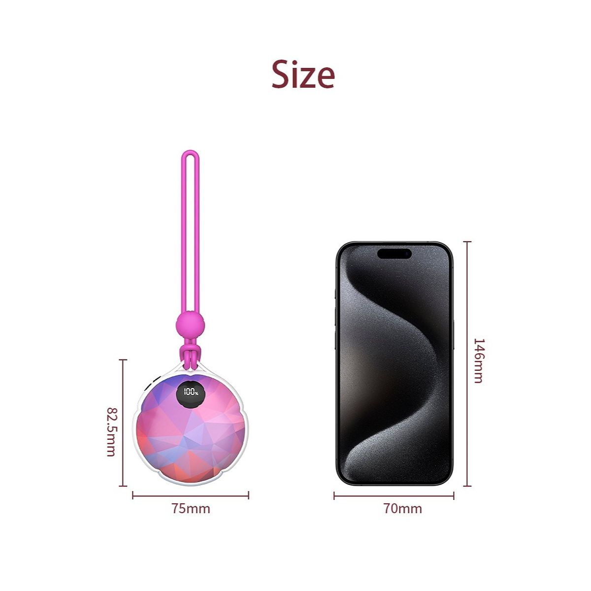 Größenvergleich zwischen einem runden, rosa Handwärmer mit Lanyard und einem Smartphone.