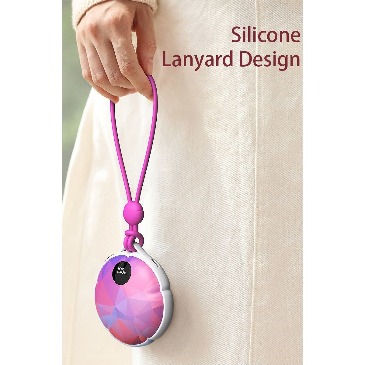 Hand hält rosafarbenes Gerät mit Silikonband und digitaler Anzeige, Text "Silicone Lanyard Design".