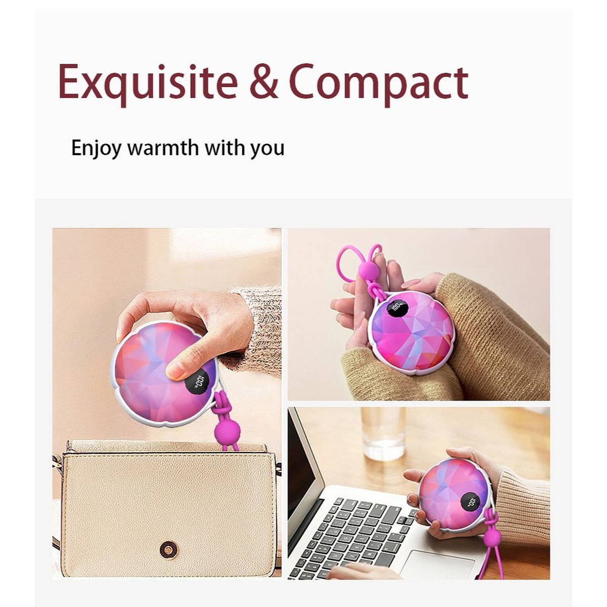 Ein tragbarer, pinkfarbener Handwärmer mit Display wird in verschiedenen Szenen gezeigt, nahe einer Handtasche und einem Laptop.