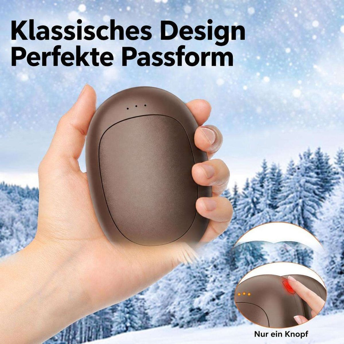 Hand hält einen braunen Handwärmer vor verschneitem Hintergrund mit Text.