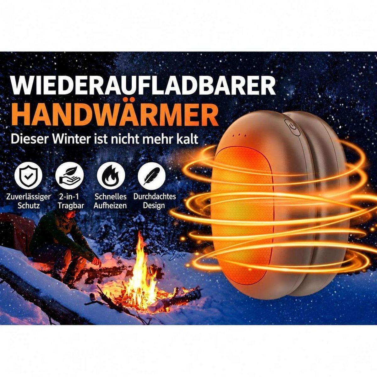 Wiederaufladbarer Handwärmer mit orangefarbenem Licht und umlaufenden Wärme-Effekten im winterlichen Wald.