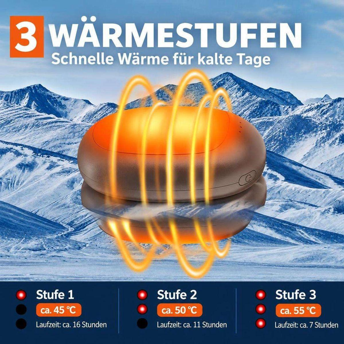 Ein orangefarbener Handwärmer mit drei Wärmestufen vor einer verschneiten Berglandschaft.