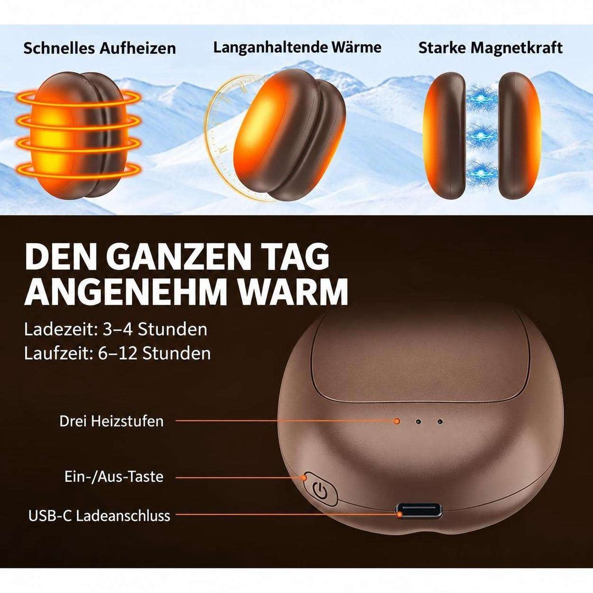 Eine Infografik zeigt Merkmale eines braunen magnetischen Handwärmers vor schneebedecktem Berg.