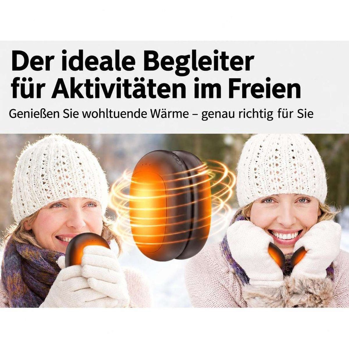 Zwei Frauen in Winterkleidung halten draußen leuchtende orange Handwärmer mit deutschem Text oben.