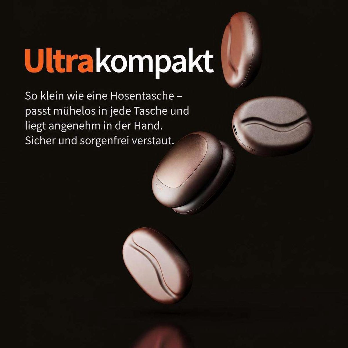 Vier kaffeebohnenförmige, braune Geräte schweben vor dunklem Hintergrund mit deutschem Werbetext.