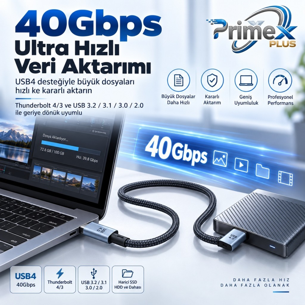Örgülü kabloya sahip bir USB4 SSD kutusu dizüstü bilgisayara bağlı, 40 Gbps için metin ve simgeler içeriyor.