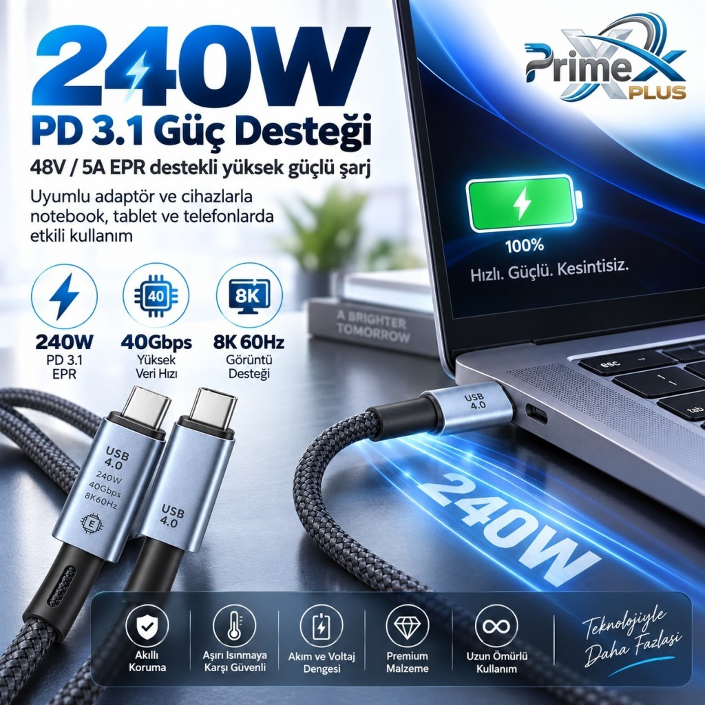 Dizüstü bilgisayara bağlı PrimeX Plus 240W USB 4.0 kablosu, 40Gbps ve 8K desteği gösteriyor.