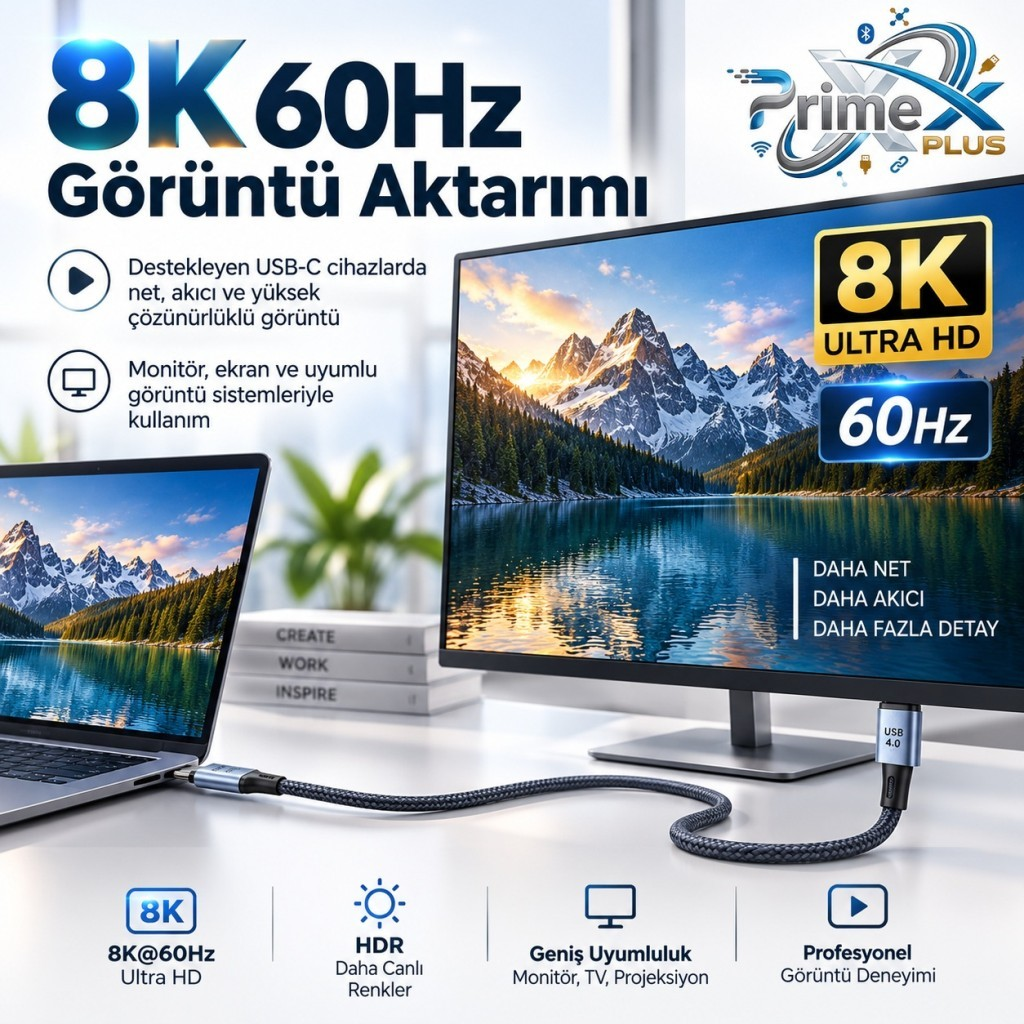 USB-C kablosuyla bağlı dizüstü ve monitör 8K dağ grafiği gösteriyor.