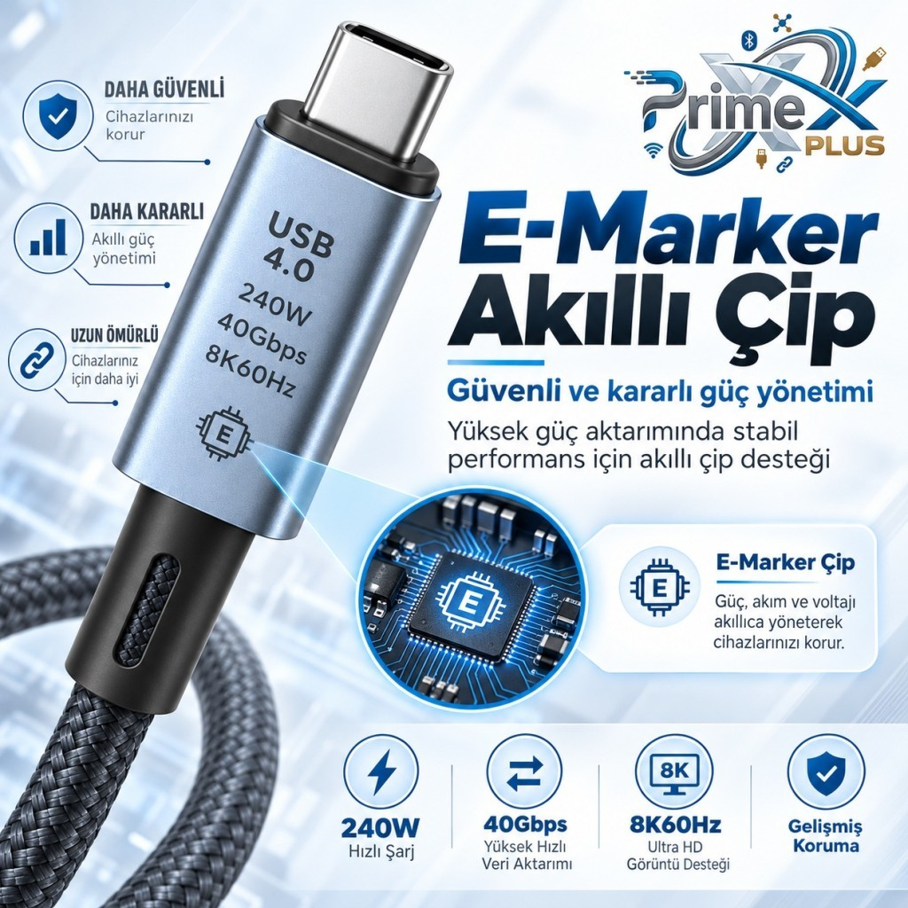 E-Marker akıllı çipli, 240W güç, 40Gbps veri hızı ve 8K video desteğine sahip USB 4.0 kablosu.