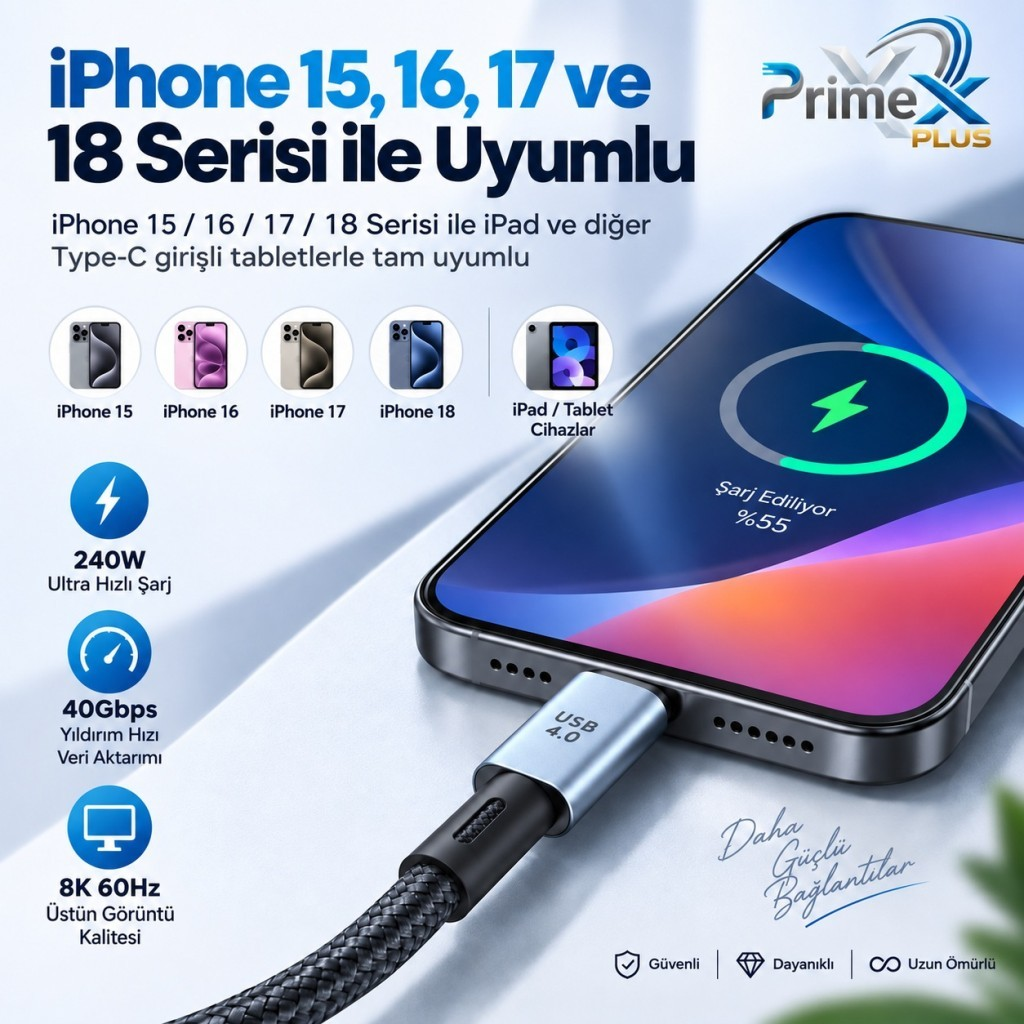 iPhone 15-18 ve tablet uyumluluğunu gösteren USB 4.0 kablolu bir akıllı telefon.