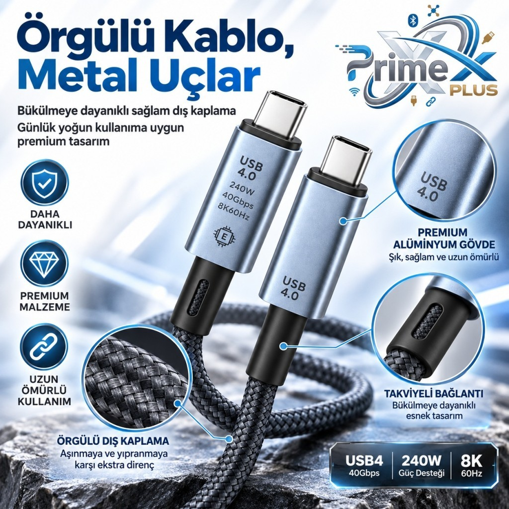 Kayalık arka plan üzerinde metal uçlu ve örgülü kaplamalı USB 4.0 kablo ürün reklamı.
