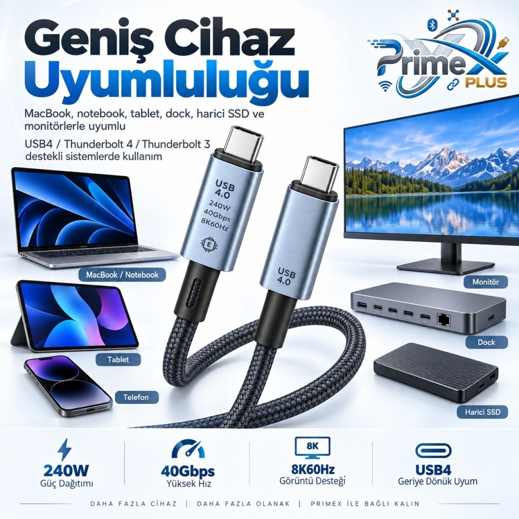 Açık arka planda dizüstü bilgisayar, tablet ve monitör önünde iki adet USB-C kablosu.