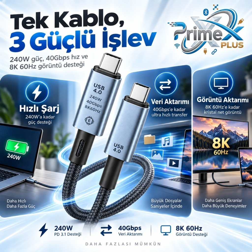 PrimeX Plus USB 4.0 kablo reklamı, 240W güç, 40Gbps veri aktarımı ve 8K 60Hz görüntü desteğini vurguluyor.