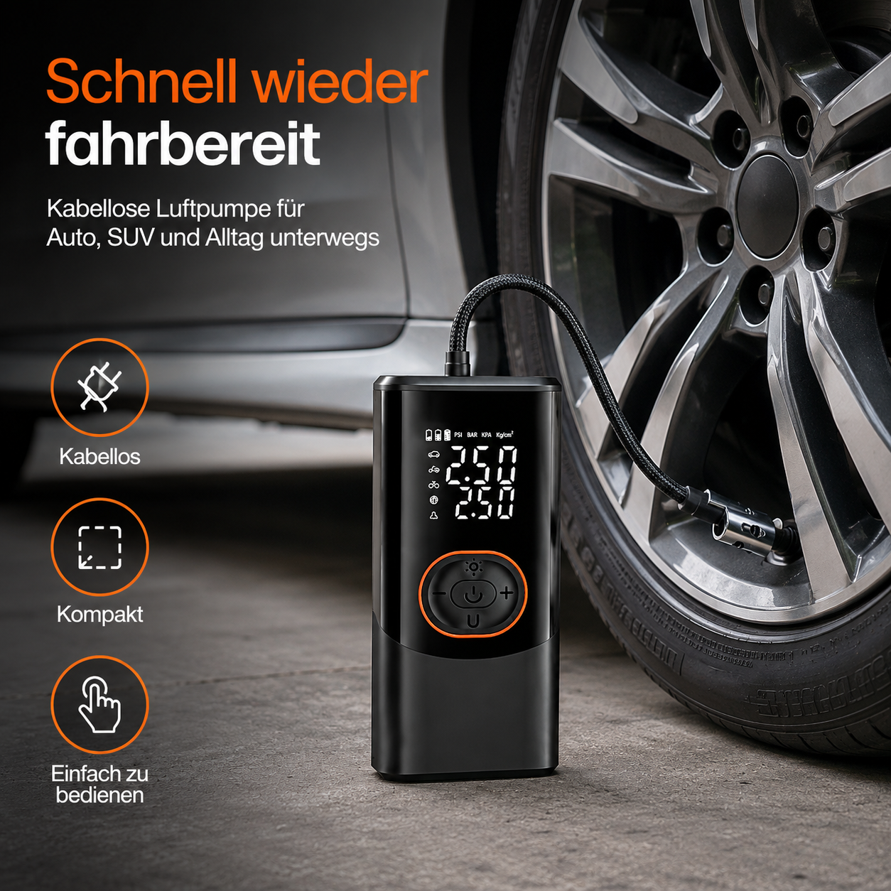 Eine kompakte, kabellose Luftpumpe inflatiert den Reifen eines Autos, mit digitalem Display und Textoverlays.