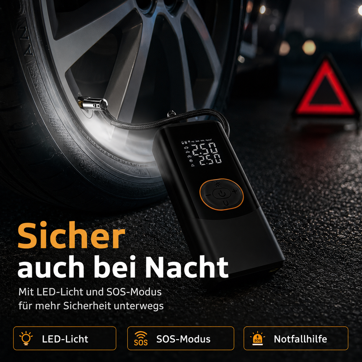 Tragbare Reifenpumpe an einem Autoreifen nachts angeschlossen, mit rotem Warndreieck im Hintergrund.