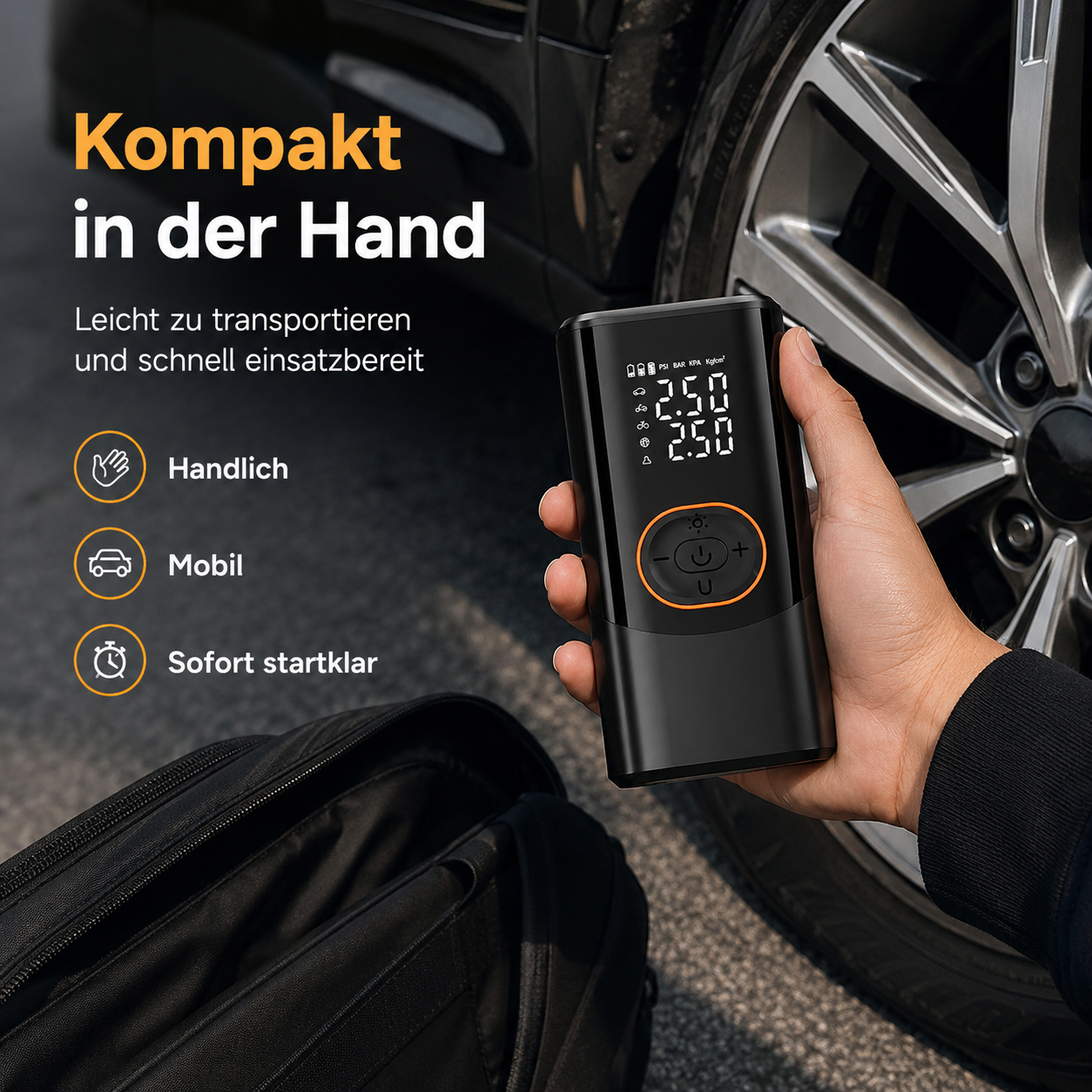 Eine Hand hält eine kompakte, schwarze Luftpumpe vor einem Autoreifen, begleitet von Text und Icons.