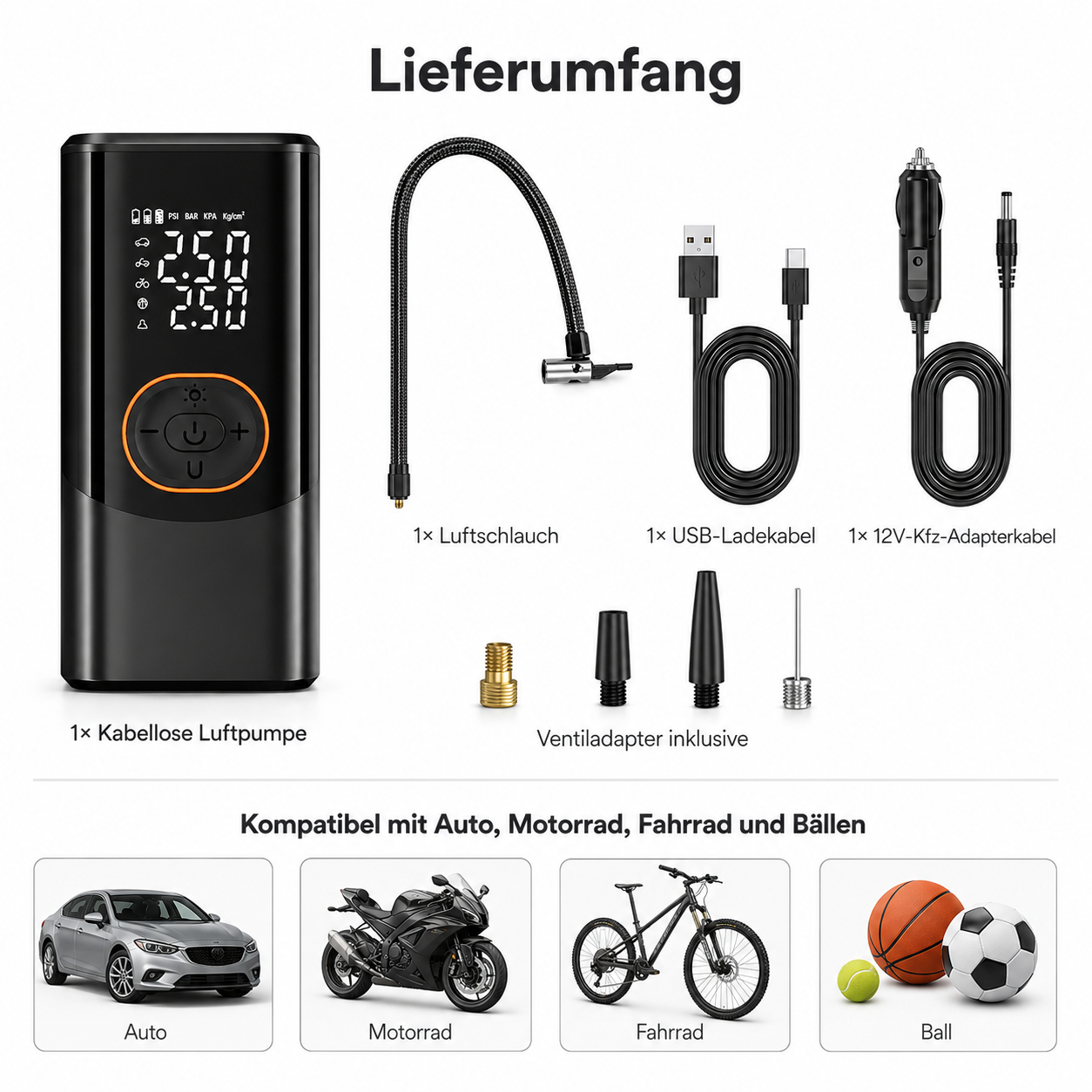 Kabellose Luftpumpe mit Zubehör und Kompatibilität für Auto, Motorrad, Fahrrad und Bälle.