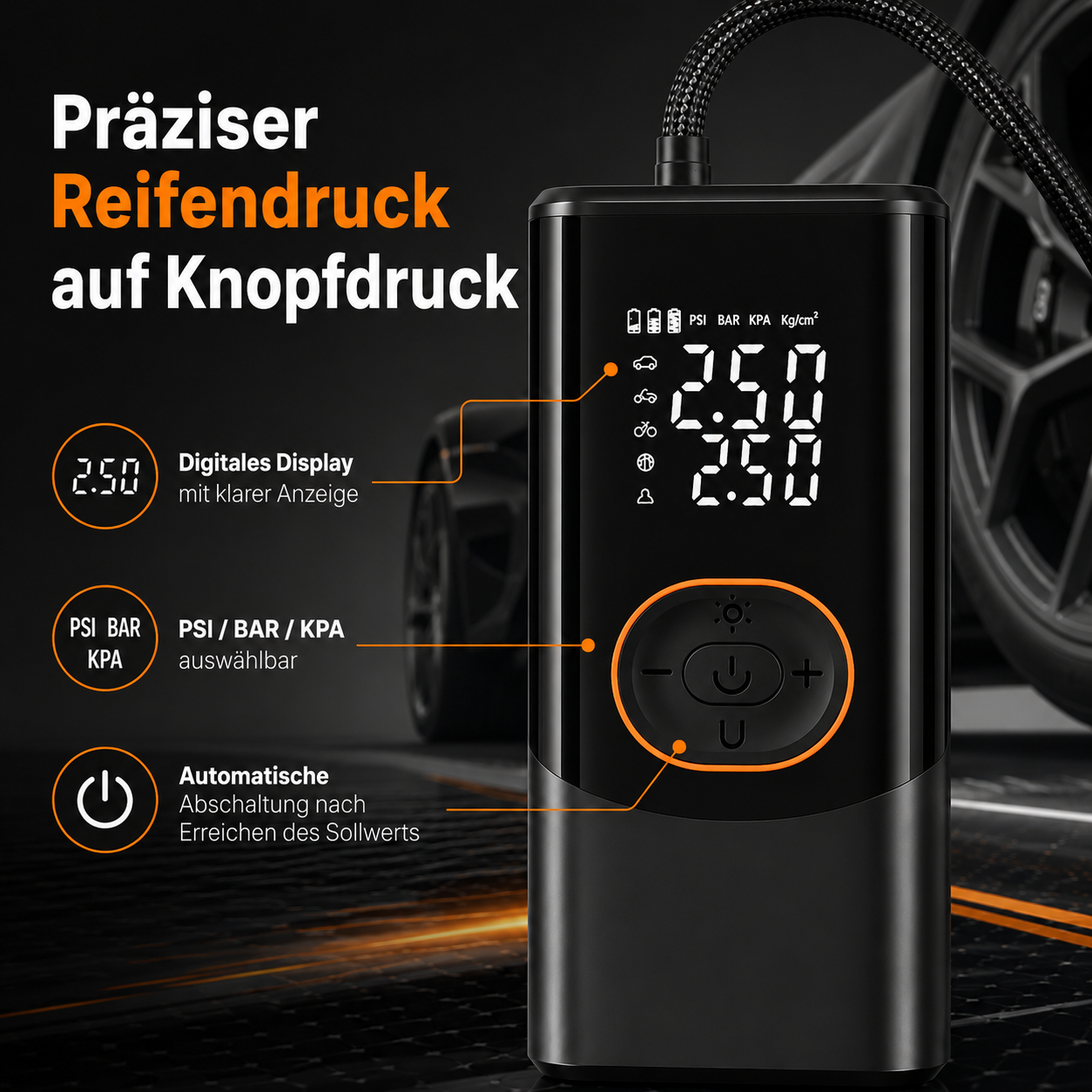 Ein schwarzer digitaler Reifenfüller mit klarem Bildschirm, Tasten und deutschen Funktionslabels vor dunklem Auto-Hintergrund.