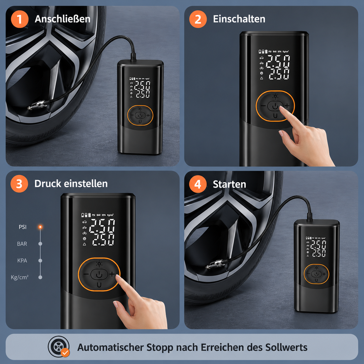 Vier Schritte zur Nutzung einer mobilen Luftpumpe für Autoreifen: Anschließen, Einschalten, Druck einstellen, Starten.