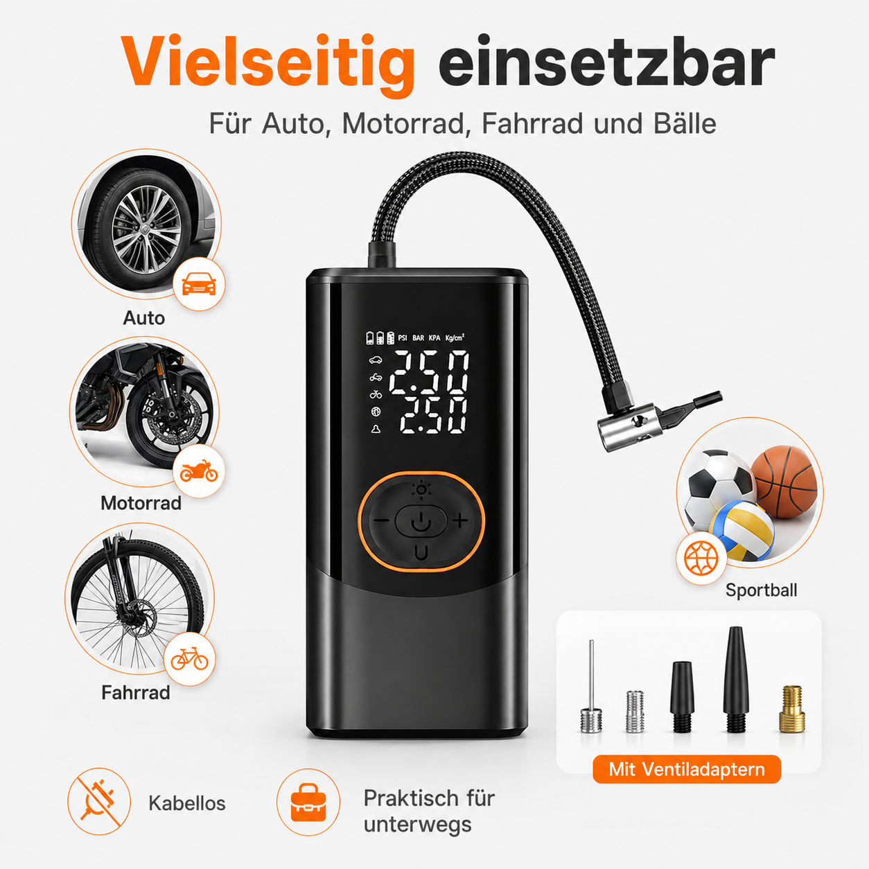 Tragbare elektrische Luftpumpe mit digitalem Display, Schlauch, Adaptern und Anwendungsbeispielen für Reifen und Bälle.