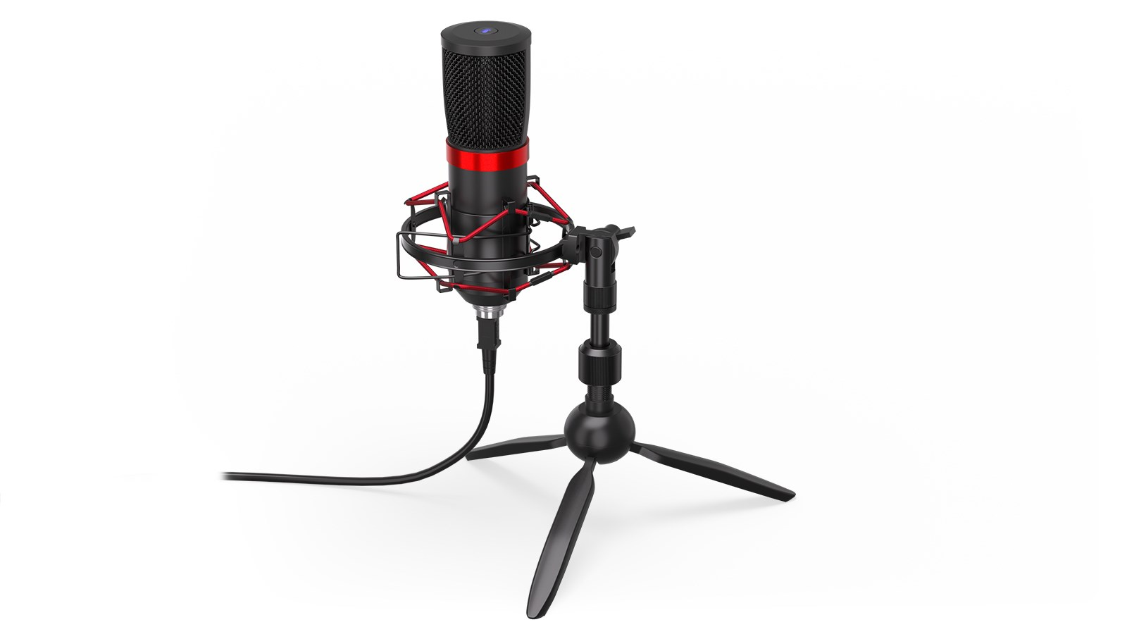 Un micrófono de estudio negro con detalles rojos y un cable en un trípode.