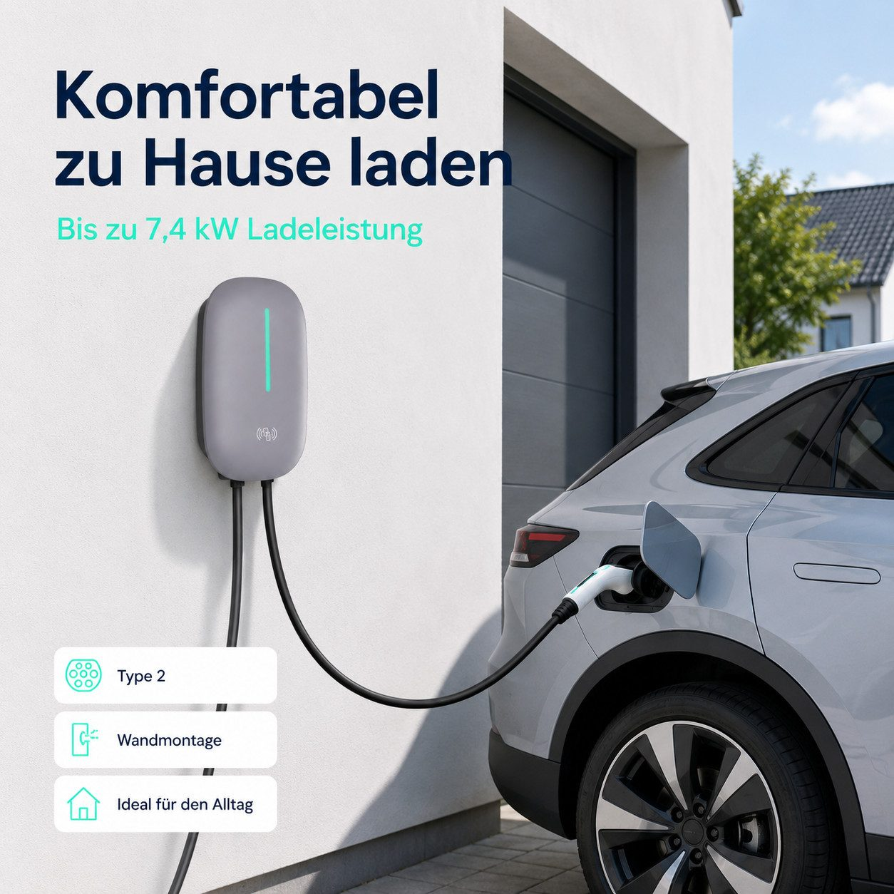 Eine graue Wallbox ist an einer Wand montiert und lädt ein silbernes Elektroauto.