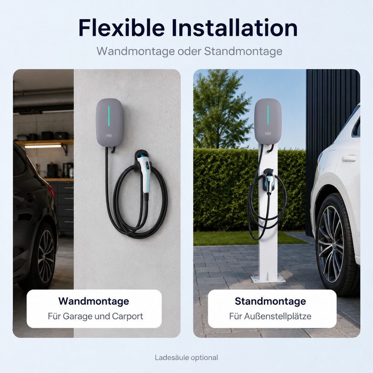 EV-Ladegerät mit flexibler Installation: Wandmontage oder Standmontage auf einem Sockel.