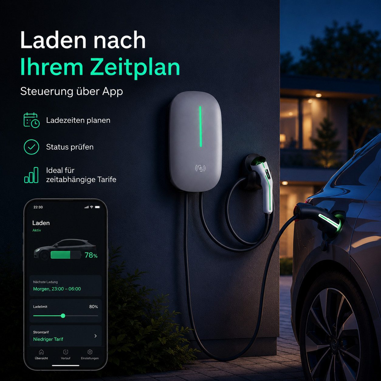 Wandladestation für E-Autos mit App-Steuerung und Ladeanschluss an einem Auto.