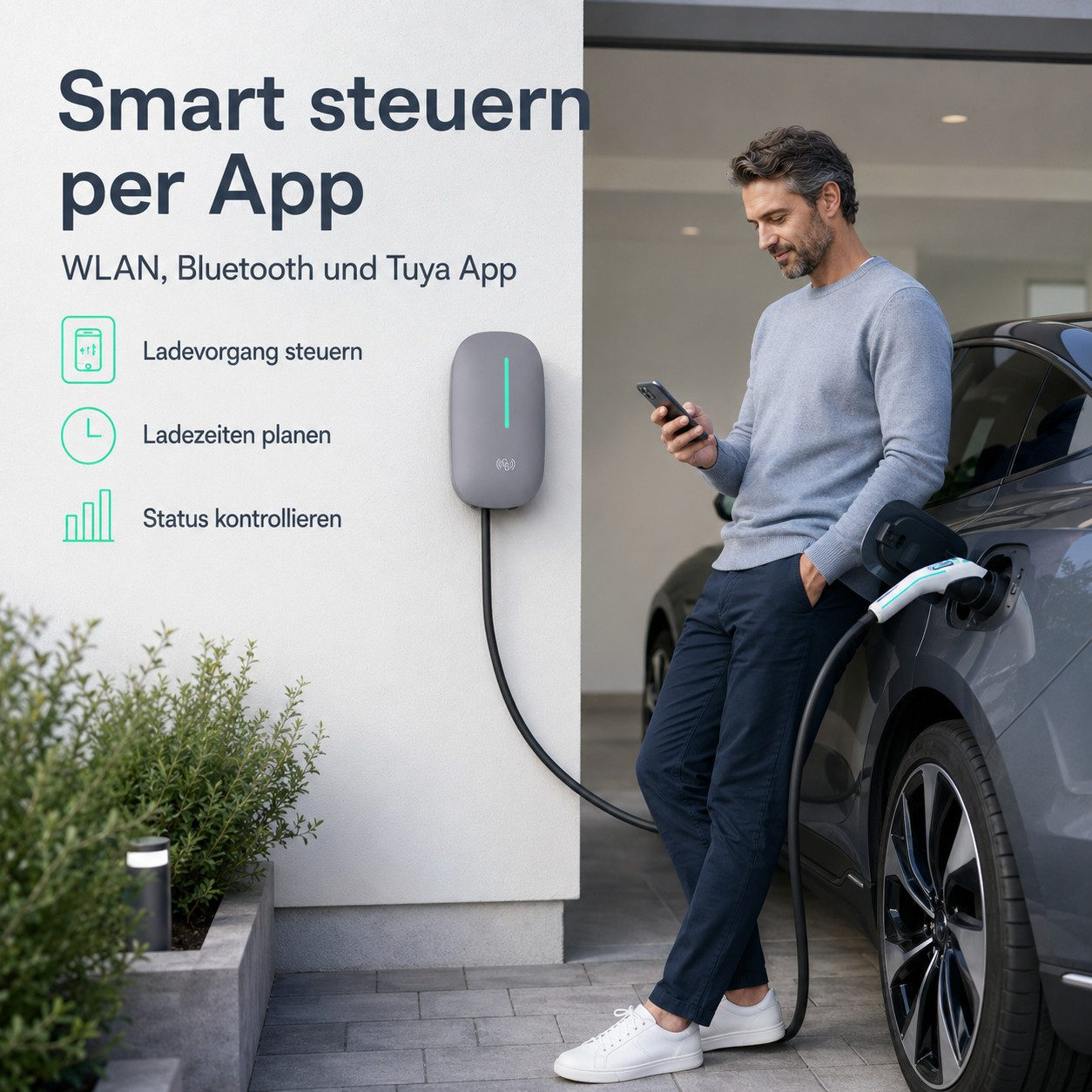 Ein Mann nutzt eine App am Smartphone, während sein Elektroauto an einer grauen Wallbox lädt.